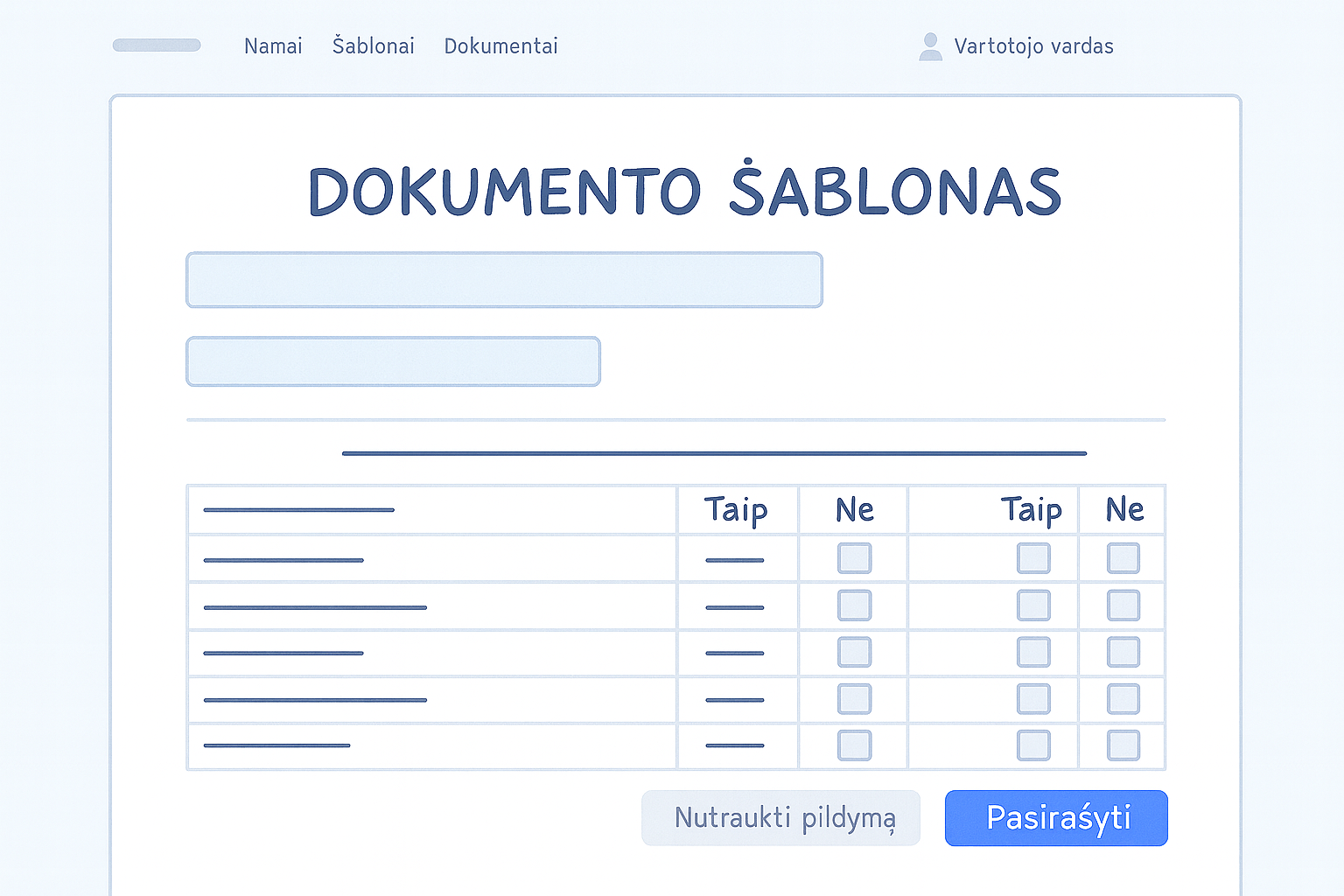 Atidarytas šablonas su laukais